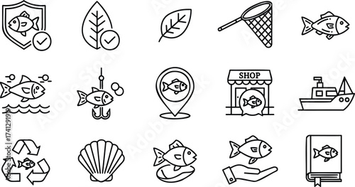certified fish, eco-label, fishing, Sustainable Seafood Icons. Outline icon set of sustainable seafood choices: 
