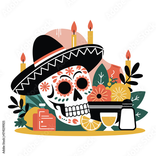 Day of the dead skull with hat candles and festive offerings