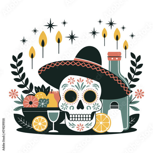 Day of the dead still life with skull fruit and traditional items