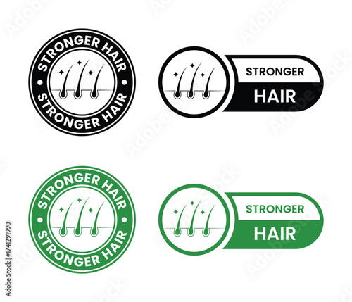 Strong healthy hair line icon set. Stronger hair logo, label, badge, sticker, symbol, emblem, black, circle, line, vector, isolated illustration. Stronger hair label for product packaging design.