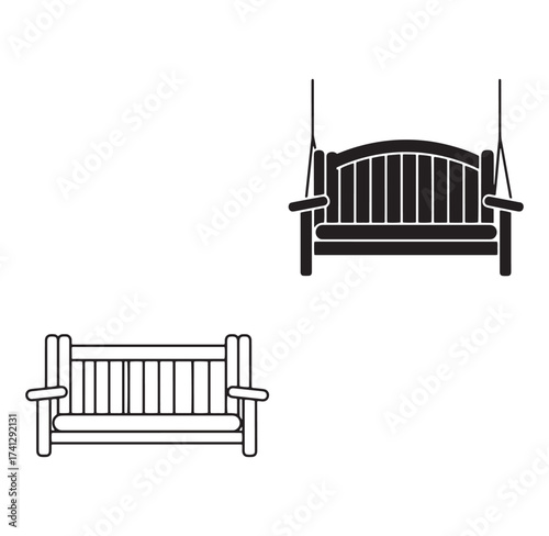 Vector illustrations of garden swings in black and white outline on a clean white background