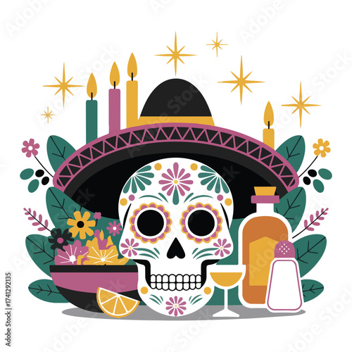 day of the dead celebration with skull candles and traditional elements