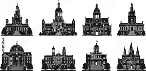 Collection of historic architectural building silhouettes with domes and towers, vintage government, cathedral, and city hall landmarks vector illustration.