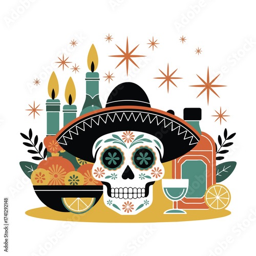 Day of the dead still life with skull candles and traditional items