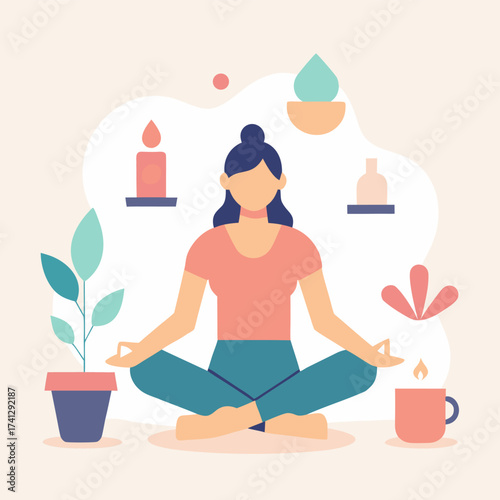 Woman meditating in lotus position surrounded by calming elements vector illustration for wellness and relaxation concepts