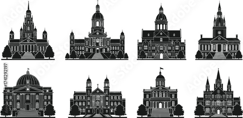 Collection of historic architectural building silhouettes featuring domes, spires, and classic facades in elegant black vector design for decoration.