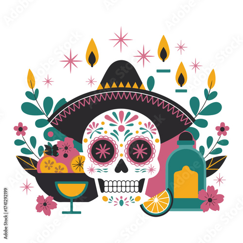 Colorful sugar skull with sombrero drinks and floral decorations for celebration