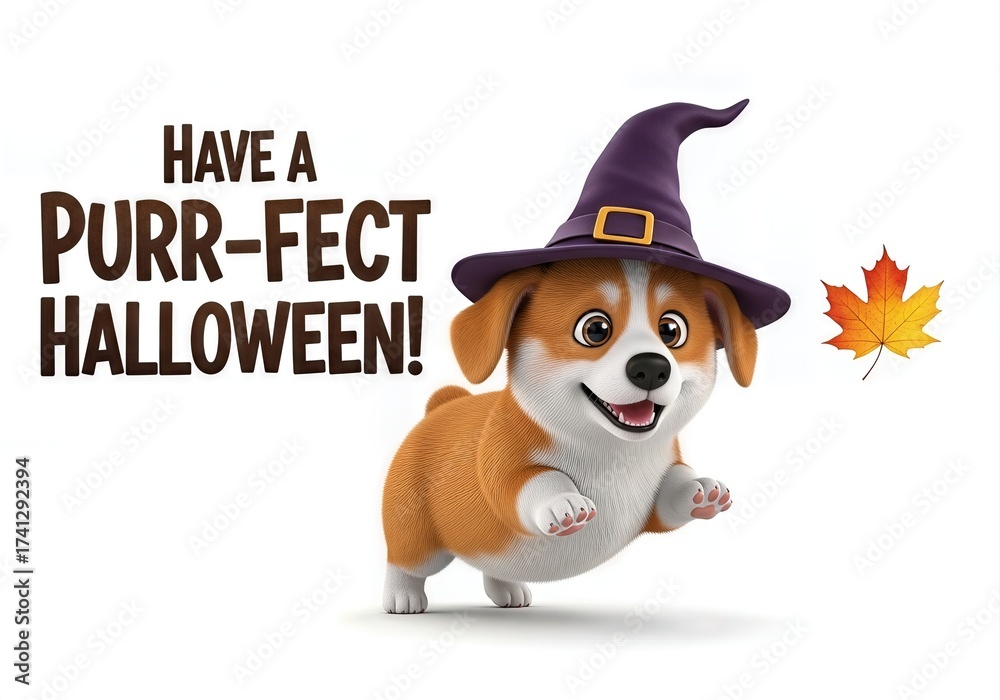 Fototapeta premium Cute dog wearing a witch hat celebrates Halloween happily 