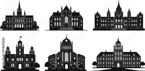Collection of historic university and government building silhouettes with towers, domes, and spires in classic black architectural vector design.