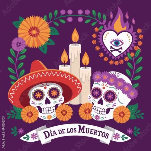 Colorful day of the dead floral wreath with skull and candle designs