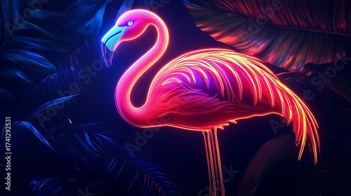 Neon Flamingo Amidst Tropical Foliage A Vibrant Night Scene