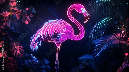 A radiant pink neon flamingo illuminating a surreal tropical jungle with vibrant, glowing foliage at night