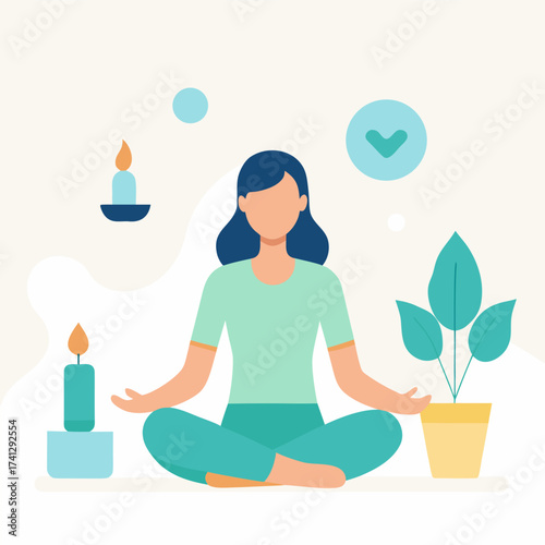 Woman meditating in lotus position surrounded by candles and a plant vector illustration for wellness and relaxation concepts