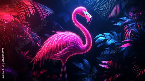 Vibrant Flamingo in a Lush, Neon-Lit Jungle Setting A Digital Art Illustration