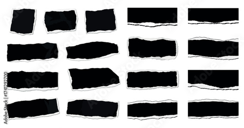 Collection of torn black paper edges with rough white ripped edges on a white background graphic design elements