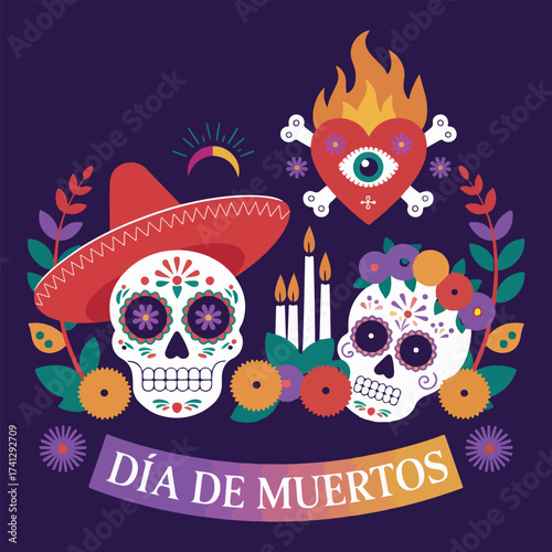 A vibrant d a de muertos illustration featuring skulls hearts and floral designs