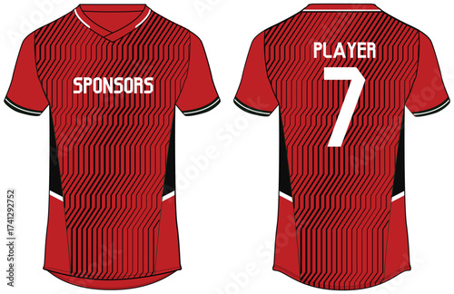 Sport t-shirt jersey design flat sketch illustration, Degrade line pattern v neck Football jersey concept with front and back view for Soccer, Cricket, Volleyball, Rugby, tennis, badminton uniform kit