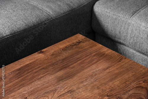 Empty brown wooden table. Kitchen table made of solid wood with texture in the kitchen