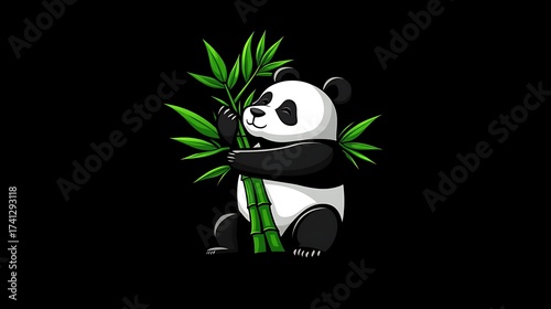 Charming cartoon illustration of a cute panda bear joyfully embracing and eating vibrant green bamboo shoots, set against a dark background for striking contrast