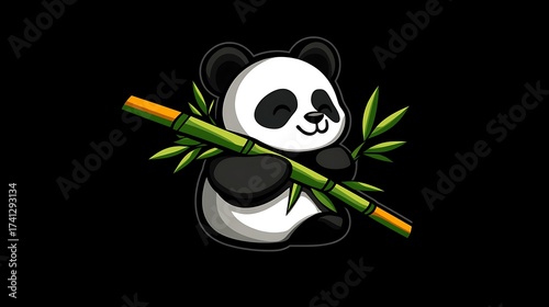 Cute cartoon panda holding bamboo with a happy expression, illustration
