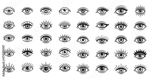 Collection of hand drawn sketchy eyes with eyelashes and pupils in a repeating grid pattern black and white