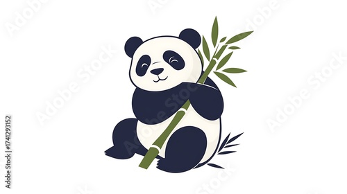Charming Giant Panda Illustration white background, Adorable Bear Cub Enjoying Fresh Bamboo Stalk, Vector Art