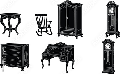 Vintage antique furniture silhouettes including clock, rocking chair, desk, wardrobe, dresser, and table in elegant classic Victorian style.