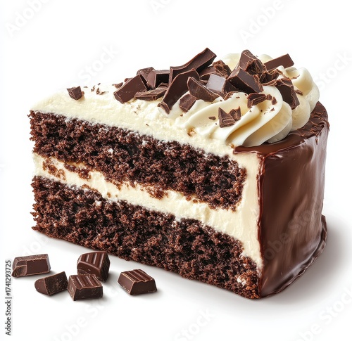 Delightful chocolate cake with luscious cream and rich chocolate pieces sitting beautifully on a white surface