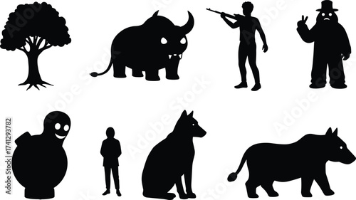 Collection of black silhouettes including tree, fantasy monster, hunter with rifle, cartoon figure, dog, rhino, person, and mysterious character.