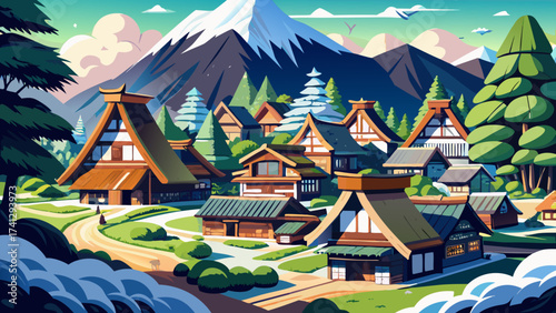 The Ancient Villages of Shirakawa-go and Gokayama in Japan feature steep thatched-roof houses nestled in mountain valleys, exemplifying traditional adaptation to harsh winters and cultural heritage 