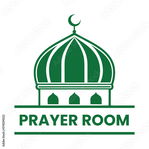 Mosque Prayer Room sign set. Muslim Male and Female Prayer Room signs, logo, label, badge, sticker, symbol, banner, circle, green, line, flat vector, isolated illustration.