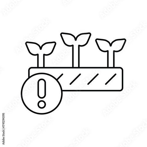 3 sprouts in a planter accompanied by an exclamation point in a circle angled stripes beneath plants