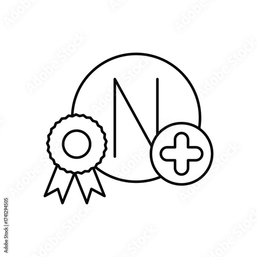 A black and white badge features the letter N a rosette and a plus sign