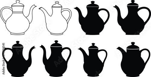 Collection of vintage teapot silhouettes, classic jug outlines, ceramic pot illustrations, black kitchenware vector set for traditional pottery design.
