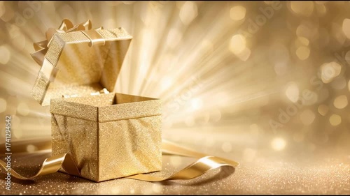 Gold gift box in luxury in shiny spotlight.Celebration and giving festival event concepts