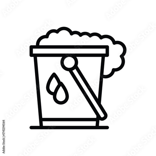 A black and white line drawing of a bucket filled with suds and a water droplet design