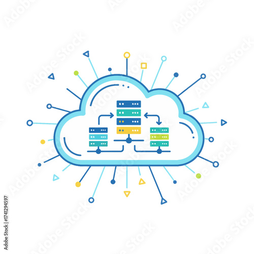 IT Infrastructure Graphic Simple, bold vector illustration of a cloud server and abstract data transmission. Perfect for technology and corporate use.