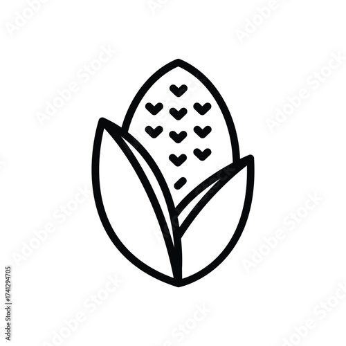A black and white outline illustration depicts an ear of corn The kernels are heartshaped