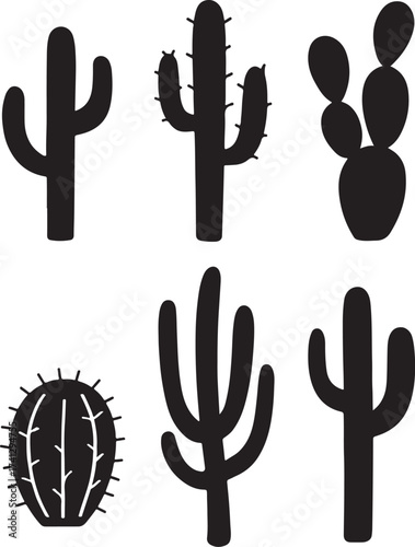PrintCollection of black silhouette cacti and succulents on white background