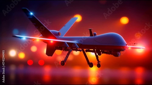 
Military uav drone technoloty flying on the air in night.
Tactics attack and defence with intelligent unmanned aerial vehicle