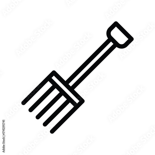 A blackoutlined pitchfork rests on a white background The tool has a Dshaped handle and four tines