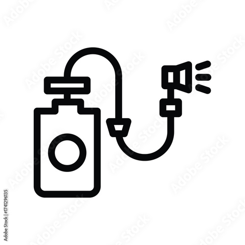 A black line drawing of a spray bottle with a hose and nozzle