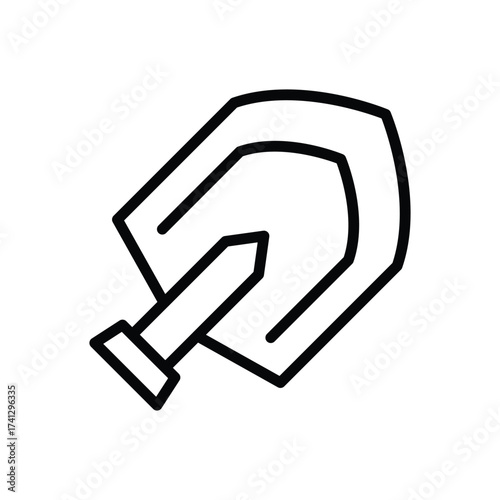 A black outline graphic depicts a shovel with a rectangular handle and a broad angled blade