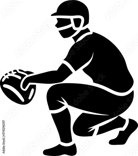 Catcher crouching with mitt ready.