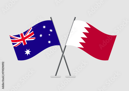 Australia and Bahrain vector flags crossed in simple 2D flat design