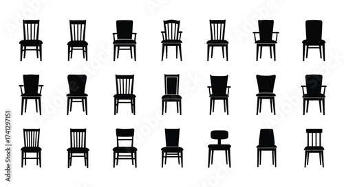 Vector art of collection of chair silhouettes showcasing various designs, from classic to modern, perfect for interior design or furniturerelated projects