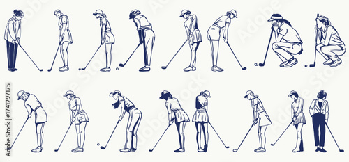 Women Professional golf illustration pack with multiple player poses. Great for tournaments, logos, posters, apparel, and modern sports design projects.