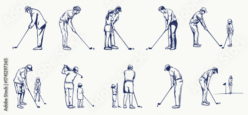 Golf player set featuring dynamic swing and putting poses. Ideal for vector design, golf club branding, sports icons, and outdoor recreation graphics.