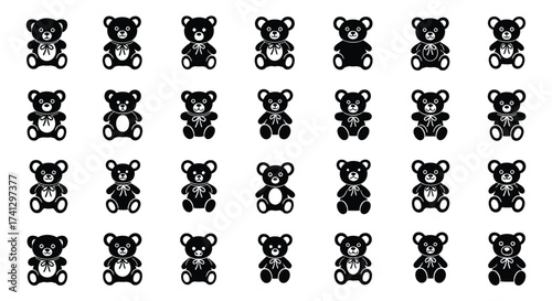 Vector art of extensive collection of teddy bear silhouettes, showcasing a wide variety of designs and poses, ideal for diverse creative projects