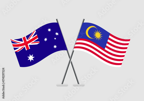 Australia and Malaysia vector flags with realistic flag motion